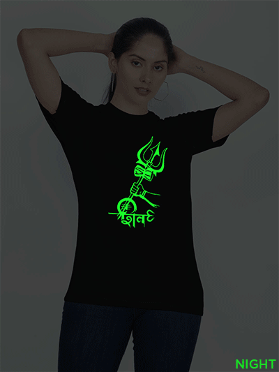 Black Cotton Shiva Trishul Glow in Dark Women T-shirt