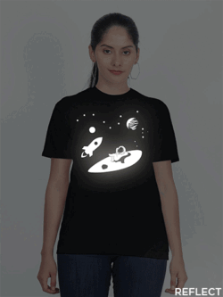 Black Cotton Astronaut Rest in Sky Reflective Women T-shirt
