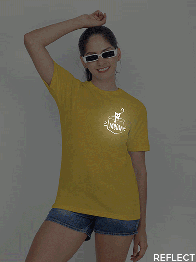 Yellow Cotton Pocket Meow Cat Reflective Women T-shirt