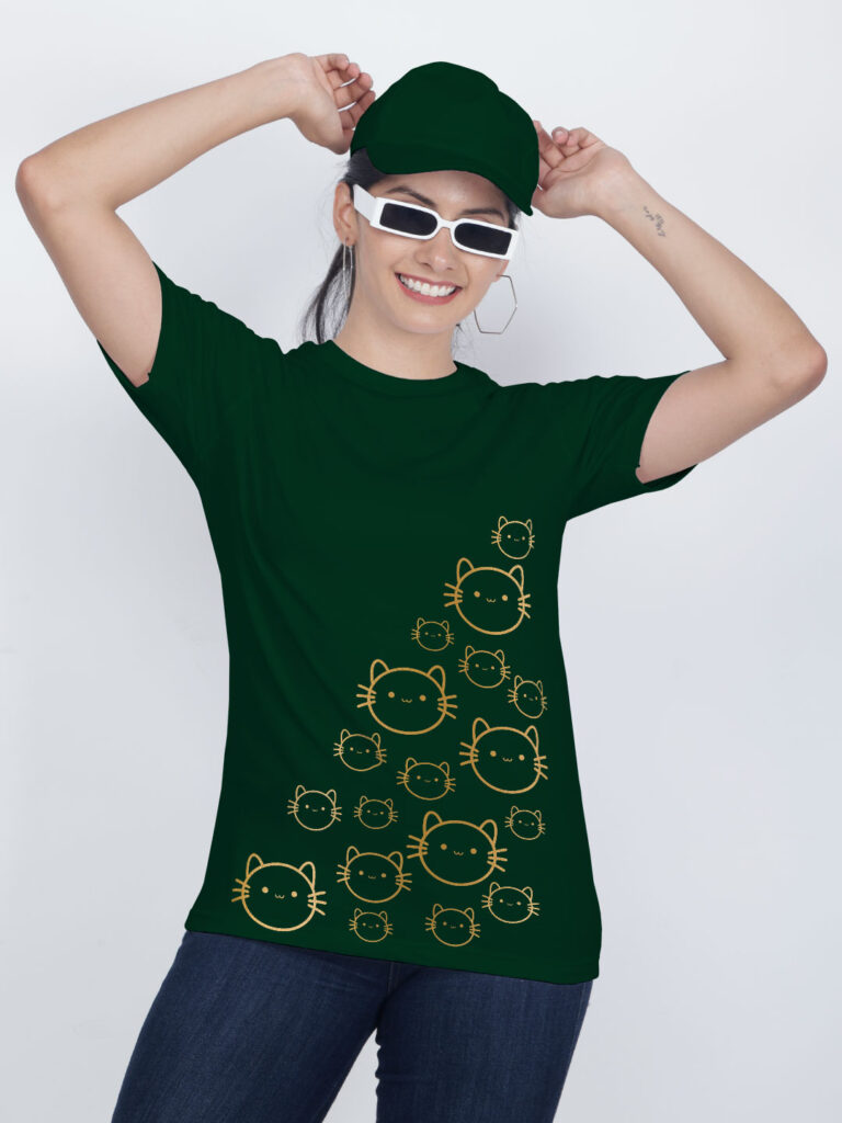 Cute Catty Face Gold Printed Women T-shirt