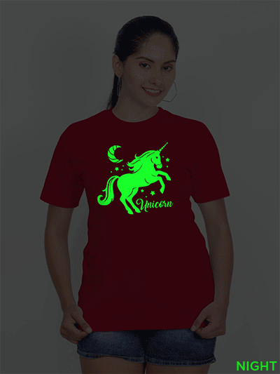 Red Cotton Unicorn Horse Glow in Dark Women T-shirt