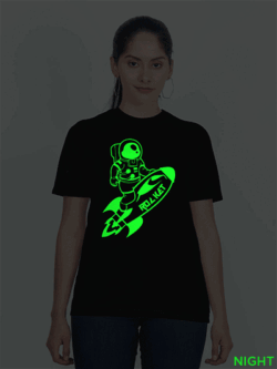 Black Cotton Astronaut Rocket Glow in Dark Women T-shirt