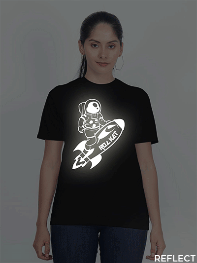 Black Cotton Astronaut Rocket Reflective Women T-shirt