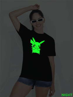 Black Cotton Cute Pickachu Glow in Dark Women T-shirt