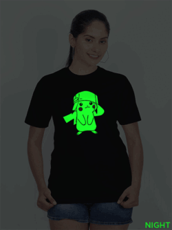 Black Cotton Pikachu Glow in Dark Women T-shirt