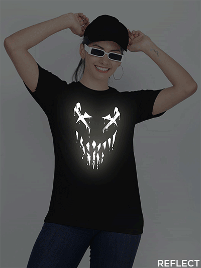 Black Cotton Halloween Smile Reflective Women T-shirt