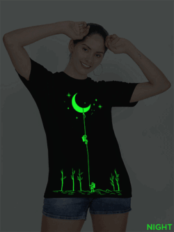 Black Cotton Astronaut and Moon Glow in Dark Women T-shirt