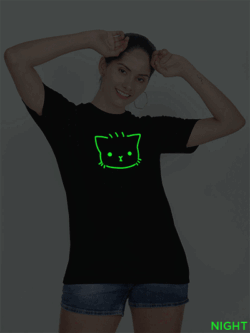 Black Cotton Cute Kitty Glow in Dark Women T-shirt
