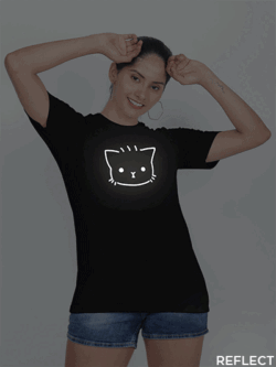 Black Cotton Cute Kitty Reflective Women T-shirt