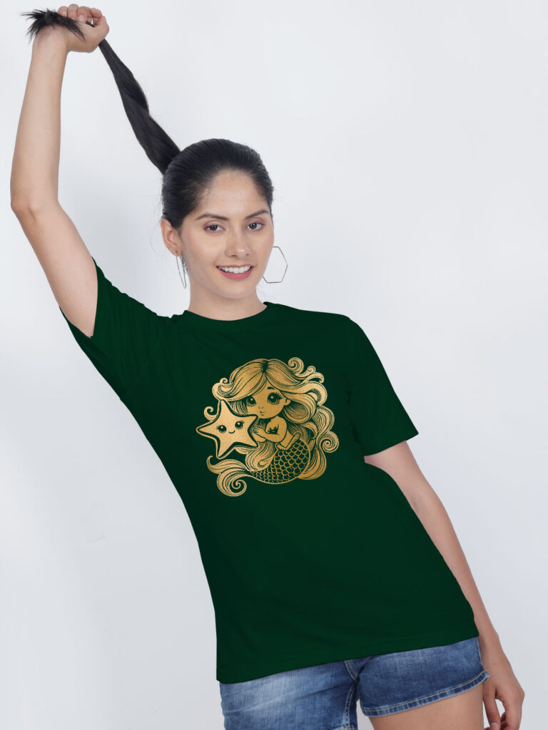 Cute Mermaid Gold Printed Women T-shirt image 2