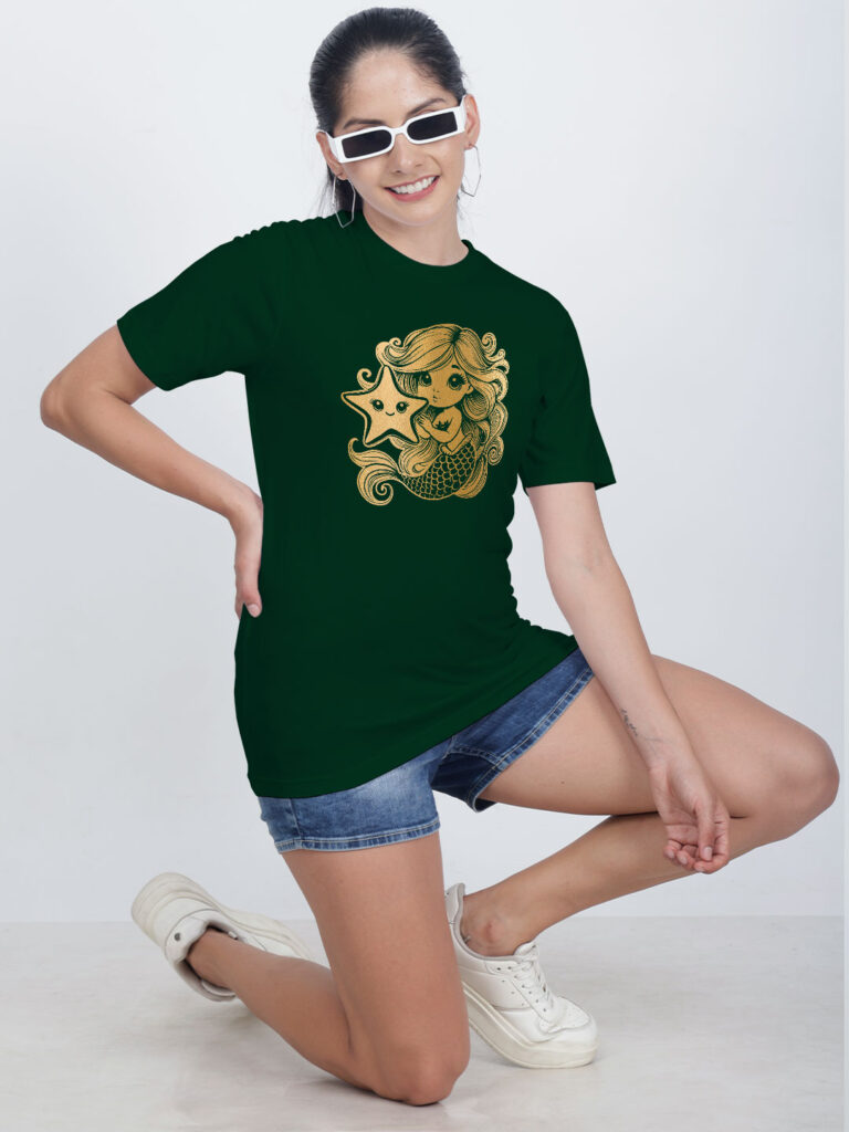 Cute Mermaid Gold Printed Women T-shirt image 3