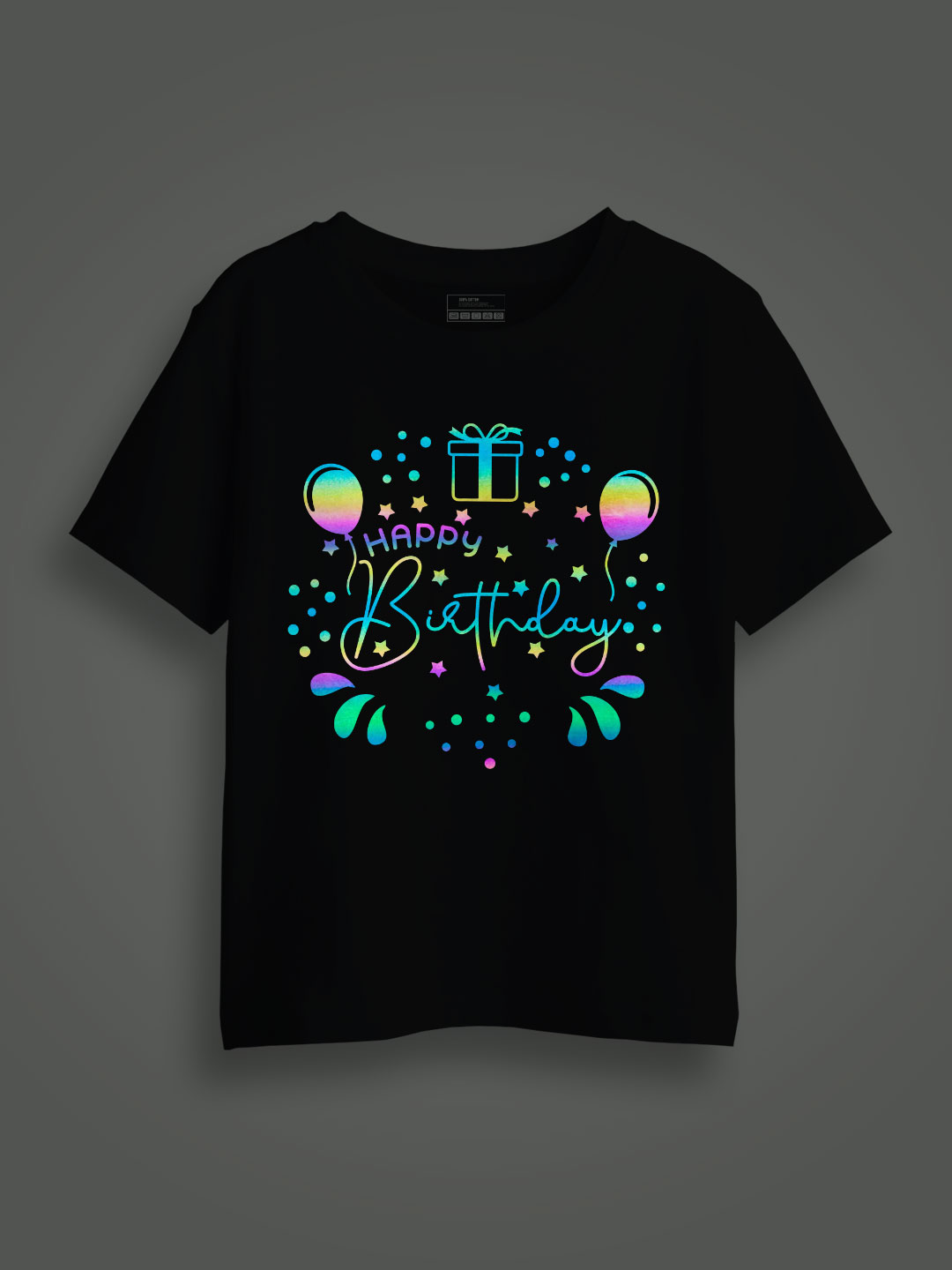 Black Cotton Happy Birthday Rainbow Reflective Kids T-shirt