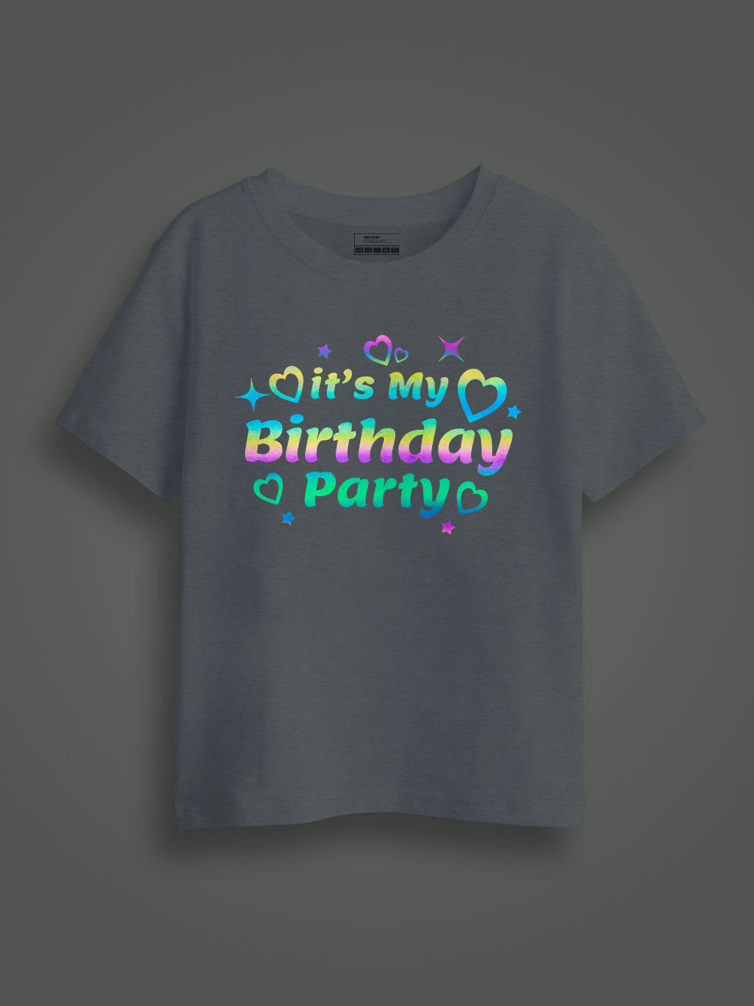 Grey Cotton It's my Birthday Party Rainbow Reflective Kids T-shirt