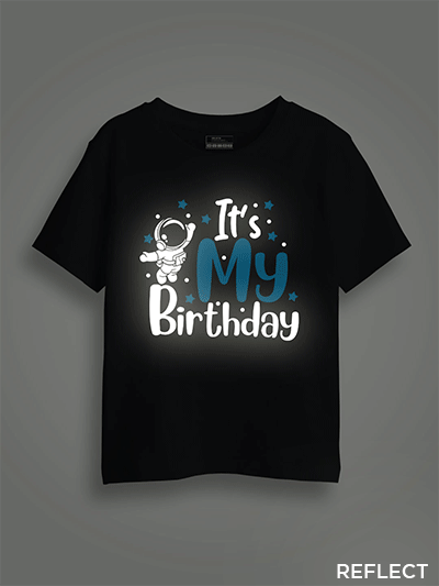Black Cotton Astronaut with Birthday Reflective Kids T-shirt