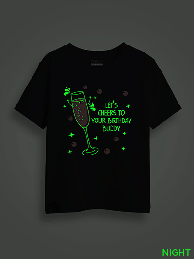 Black Cotton Let's Cheers to your Birthday Buddy Kids Glow in Dark T-shirt
