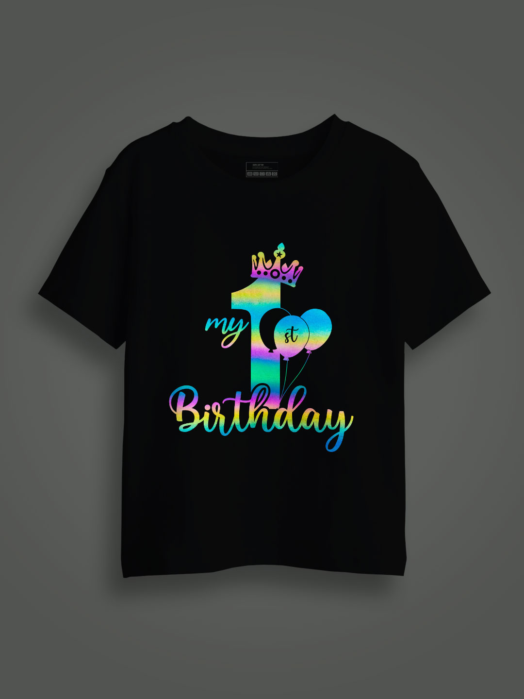 Black Cotton Birthday Crown Rainbow Reflective Kids T-shirt
