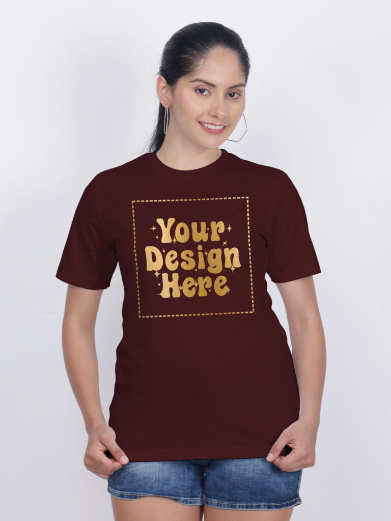 Women Customize Maroon Gold Printed Tshirt