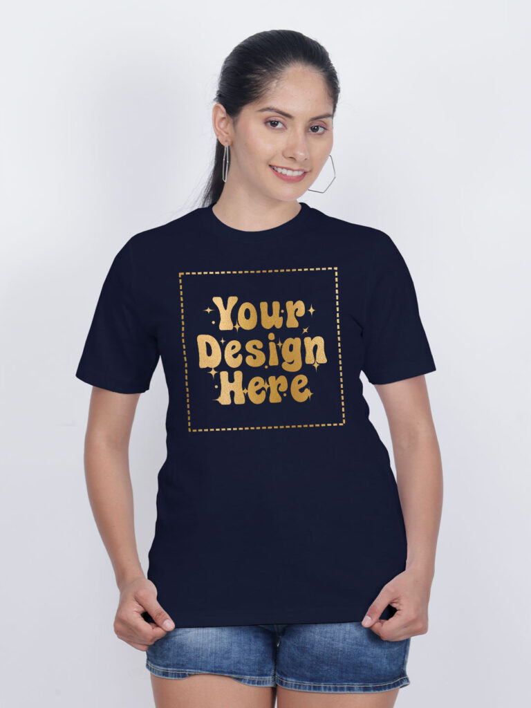 Women Customize Navy Blue Gold Printed Tshirt