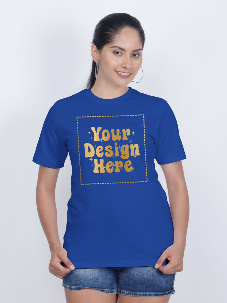 Women Customize Royal Blue Gold Printed Tshirt