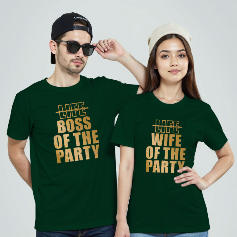 Boss of the Party & Wife of the Party Gold Printed Couple T-shirt