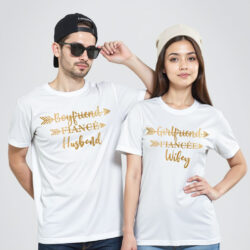White Cotton Husband Wifey Gold Printed Couple T-shirt