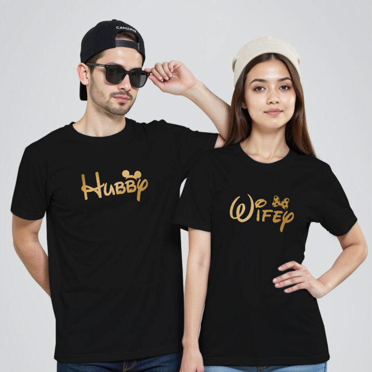 Hubby Wifey Disney Gold Printed Couple T-shirt