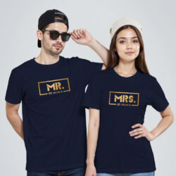 Nblue Cotton Mr and Mrs Est. Custom Gold Printed Couple T-shirt