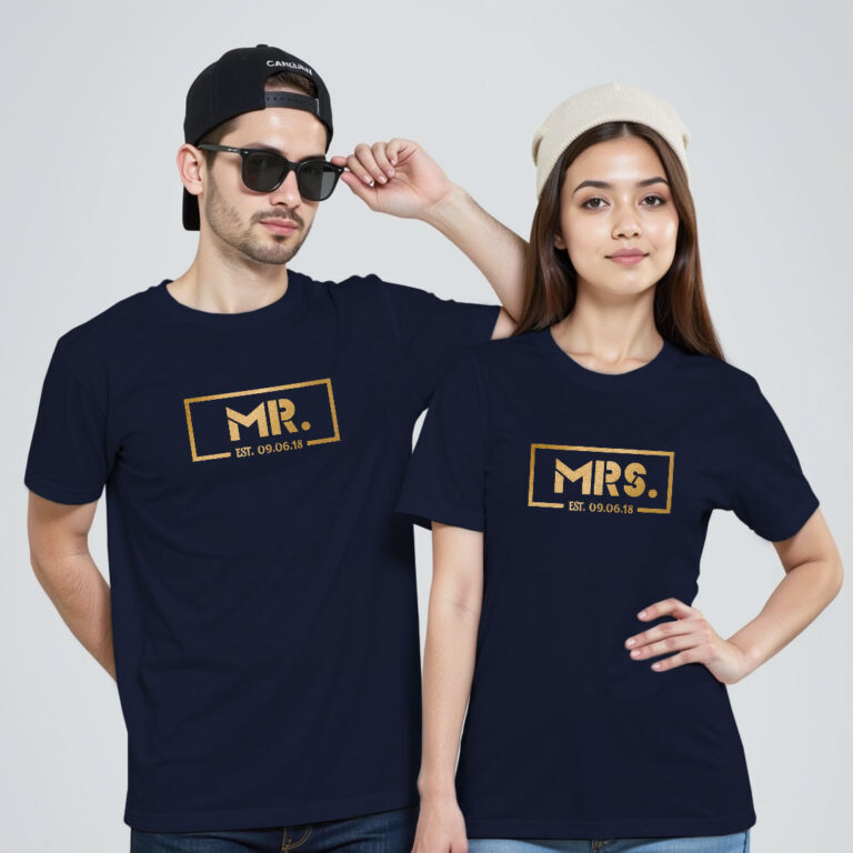 Mr and Mrs Est. Custom Gold Printed Couple T-shirt