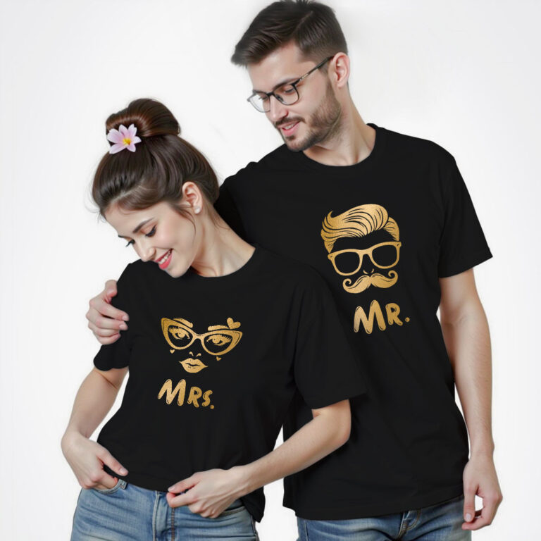 Mr and Mrs Gold Printed Couple T-shirt