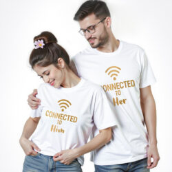 White Cotton Wifi Gold Printed Couple T-shirt