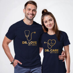 Nblue Cotton Dr Love and Care Gold Printed Couple T-shirt