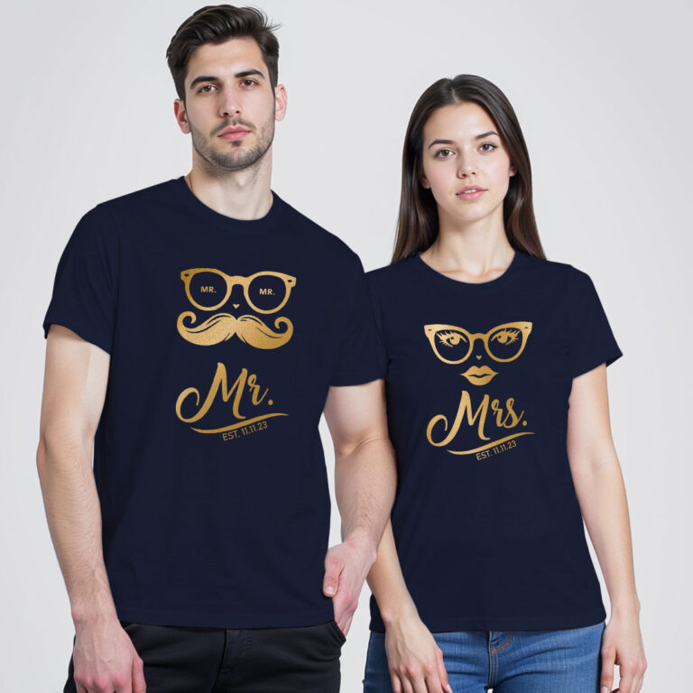 Mr and Mrs Gold Printed Couple T-shirt