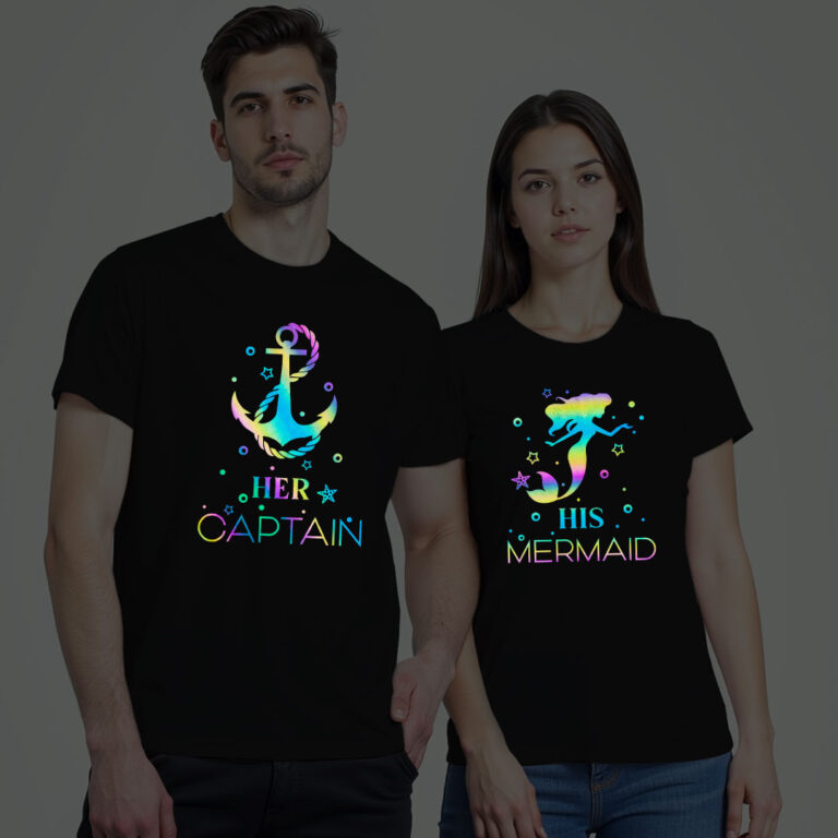 Her Captain and His Mermaid Couple Rainbow Reflective T-shirt
