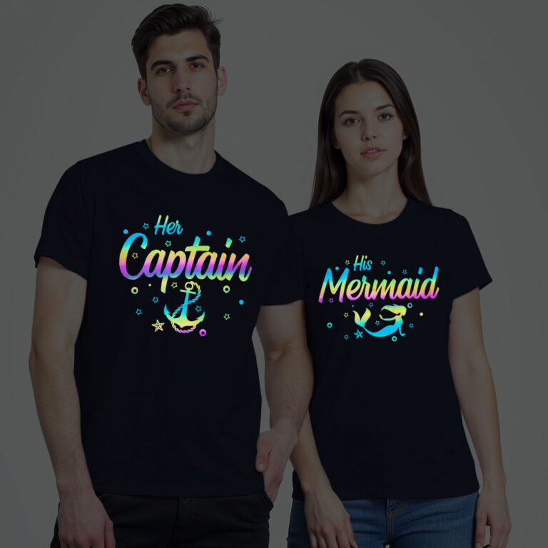 Her Captain and His Mermaid Couple Rainbow Reflective T-shirt