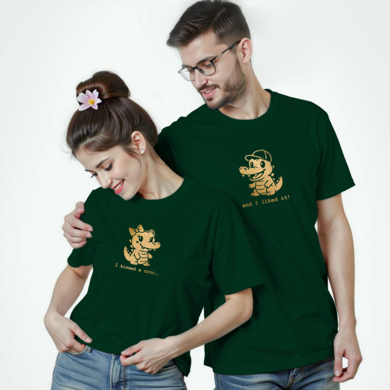 I Kissed a Crocodile and I Liked It Gold Printed Couple T-shirt