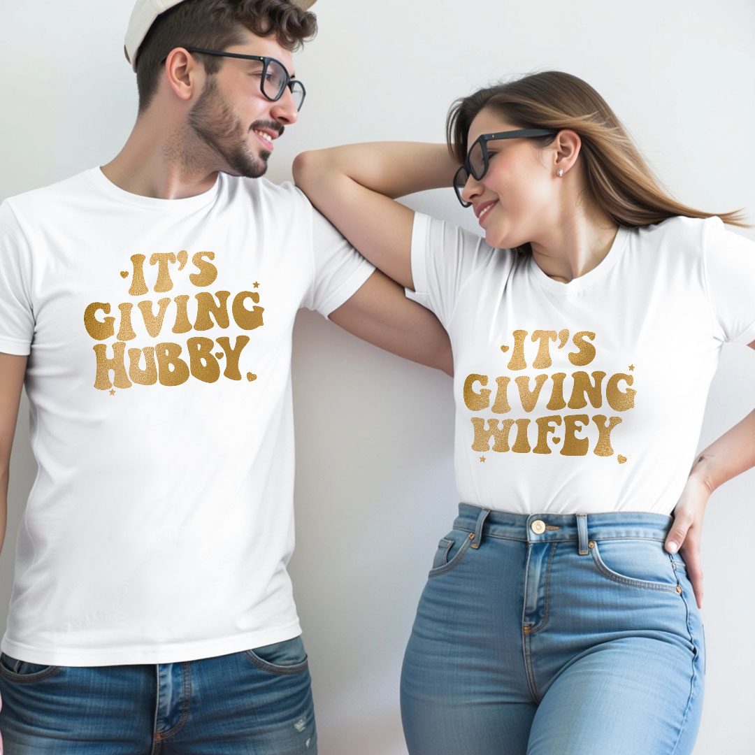 It's Giving Hubby Wifey Custom Gold Printed Couple T-shirt