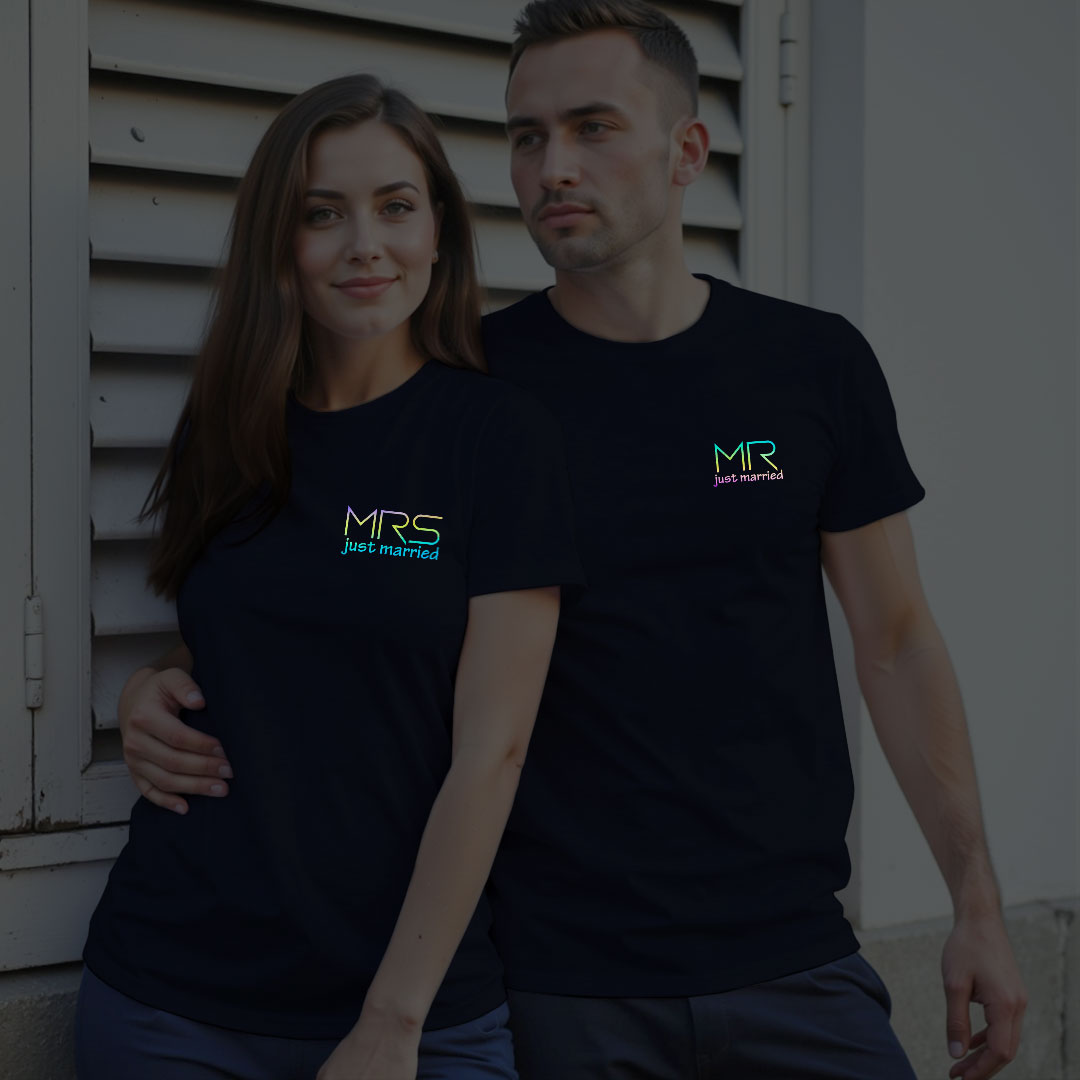 Just Married Mr and Mrs Custom Couple Rainbow Reflective T-shirt