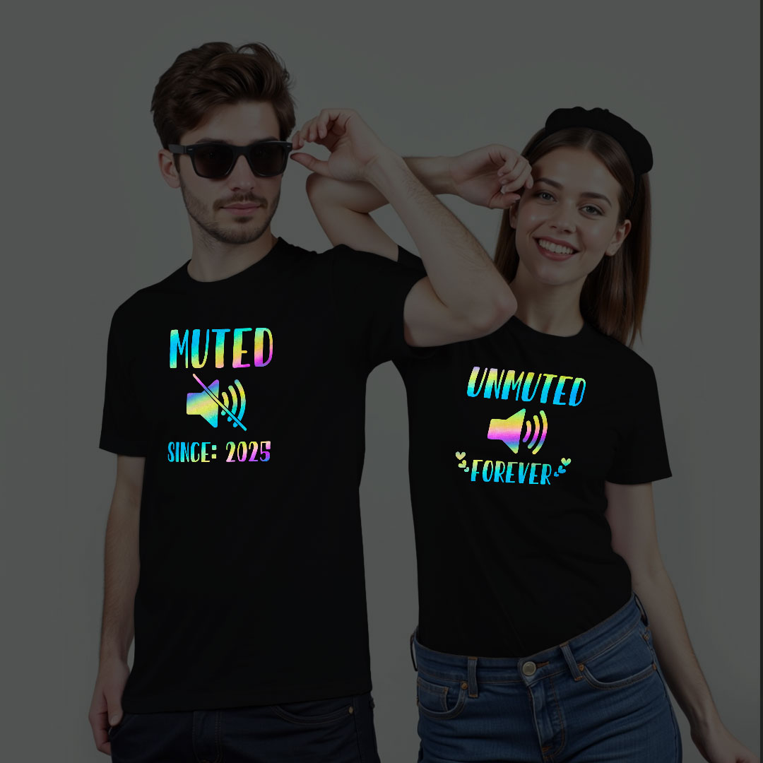 Muted Unmuted Custom Couple Rainbow Reflective T-shirt
