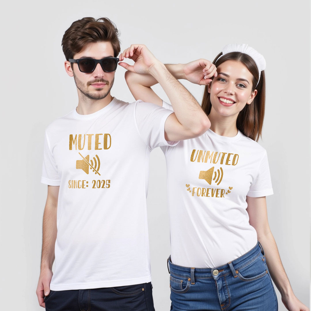Muted Unmuted Custom Gold Printed Couple T-shirt