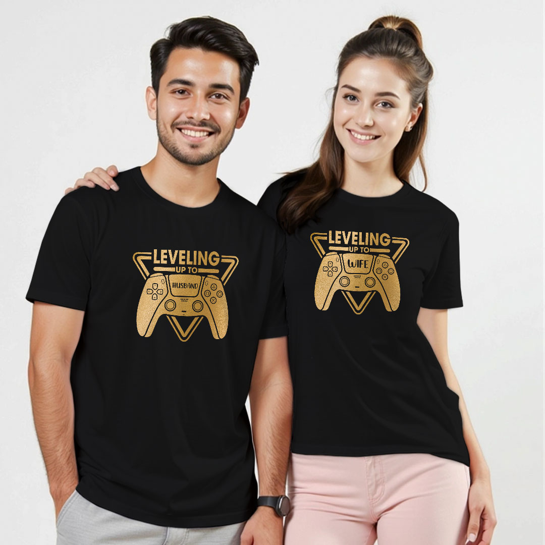 Level up to Husband | Level up to Wife Custom Gold Printed Couple T-shirt