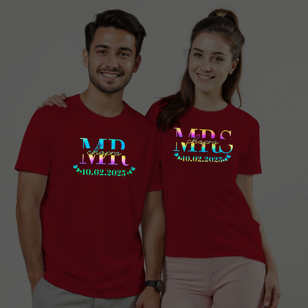 Mr & Mrs Custom Couple Rainbow Reflective T-shirt