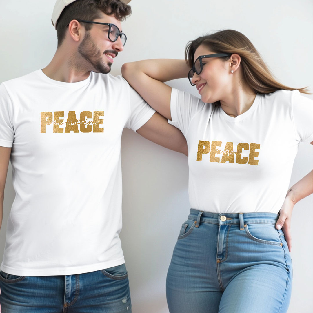 I Come in Piece | I am Piece Custom Gold Printed Couple T-shirt