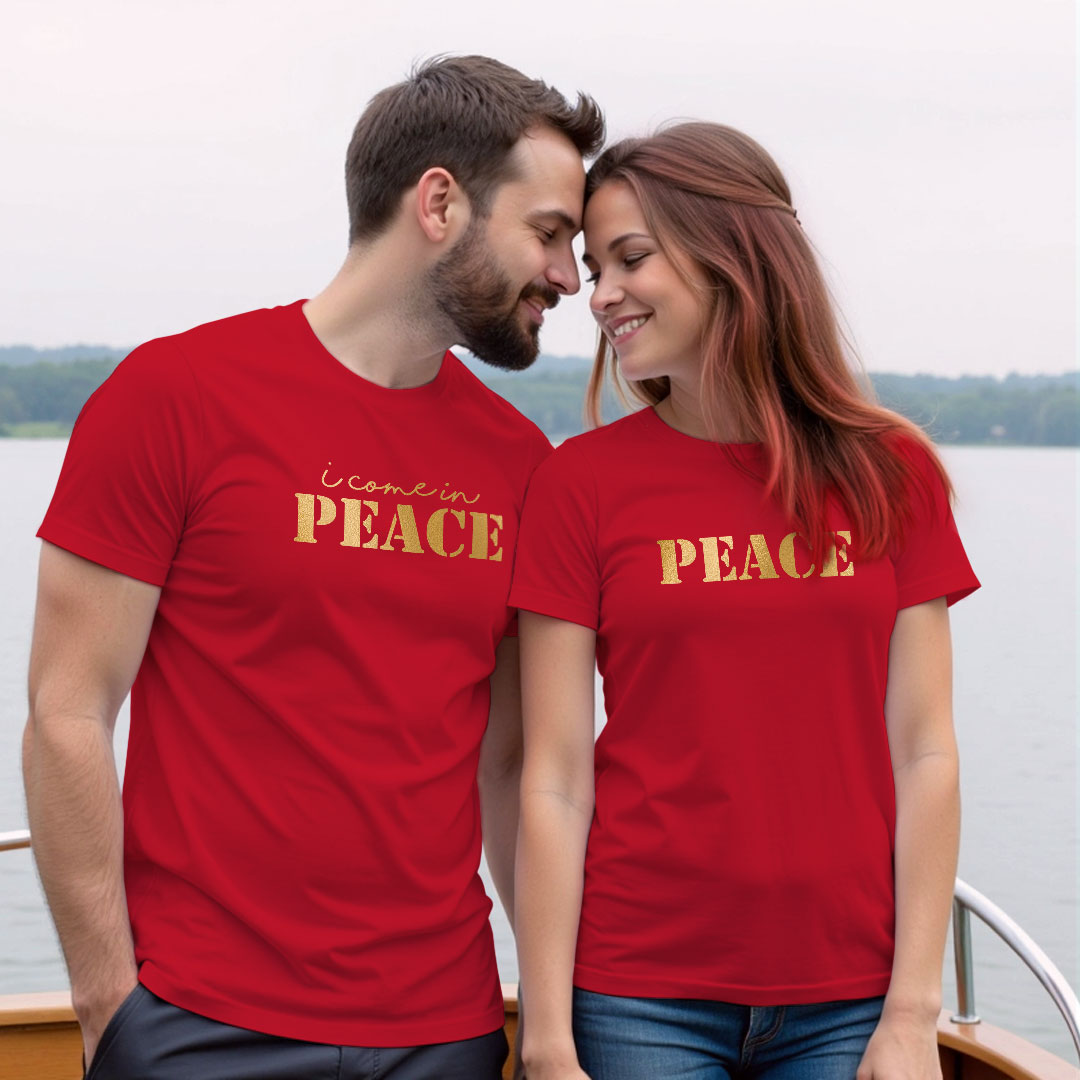 I Come in Piece | I am Piece Custom Gold Printed Couple T-shirt