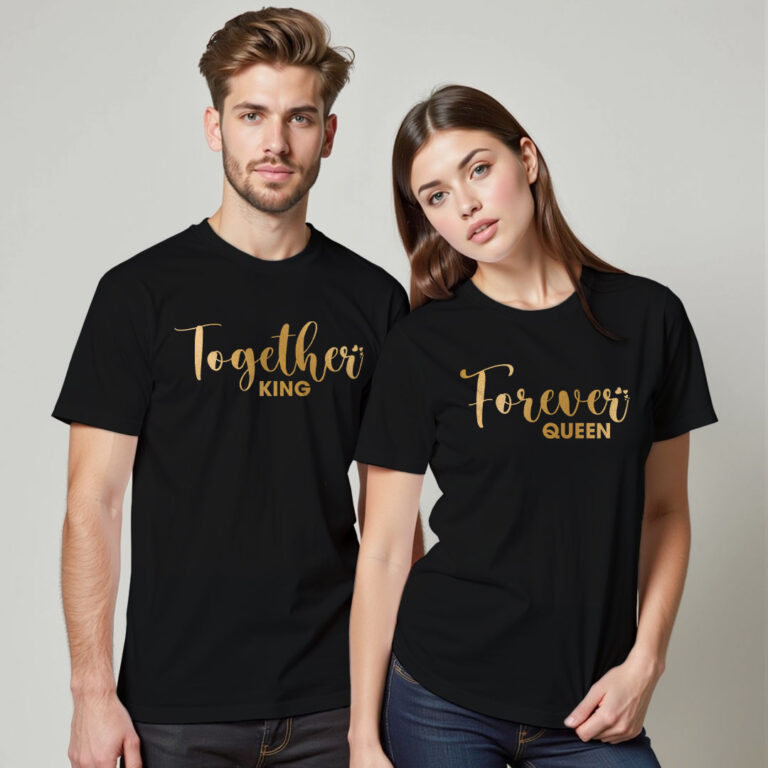 Together Forever King Queen Custom Gold Printed Couple T-shirt