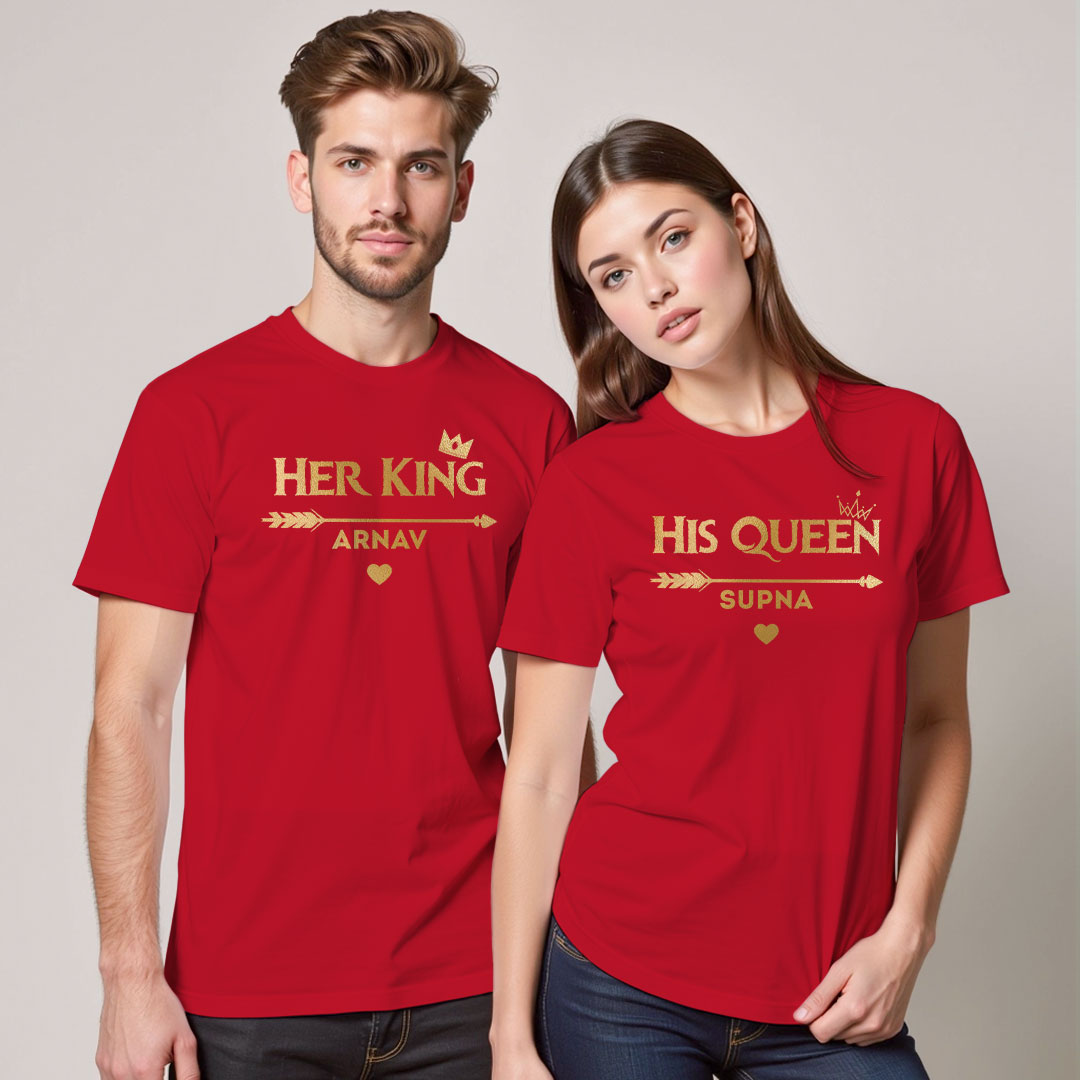 Her King | His Queen Custom Name Custom Gold Printed Couple T-shirt
