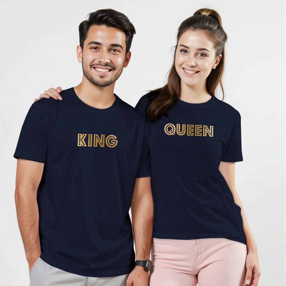 King Queen Custom Gold Printed Couple T-shirt