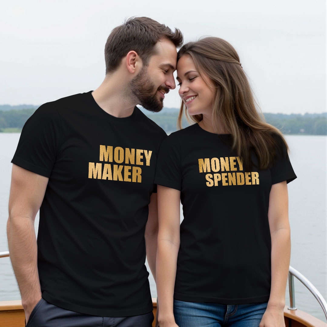 Money Maker | Money Spender Custom Gold Printed Couple T-shirt