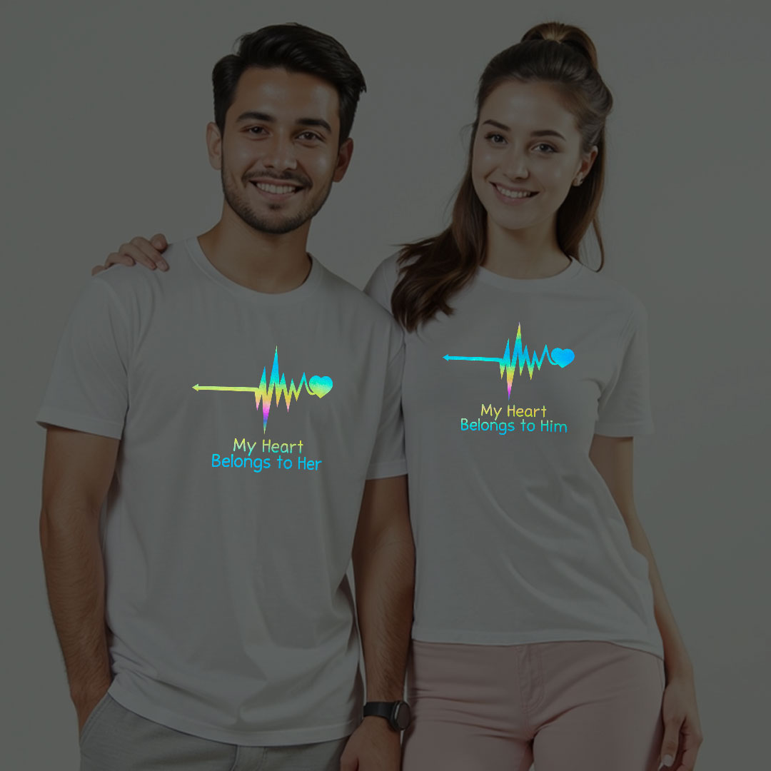 My Heart Belogs to Her | My Heart Belongs to Him Custom Couple Rainbow Reflective T-shirt