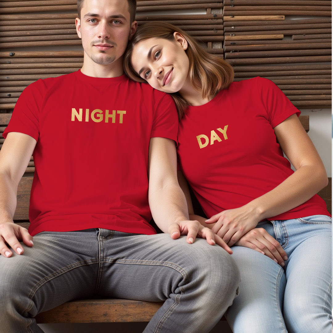 Day Night Custom Gold Printed Couple T-shirt