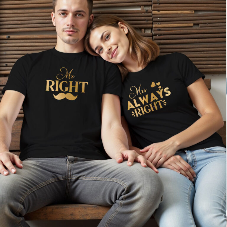 Mr Right Mrs Always Right Custom Gold Printed Couple T-shirt